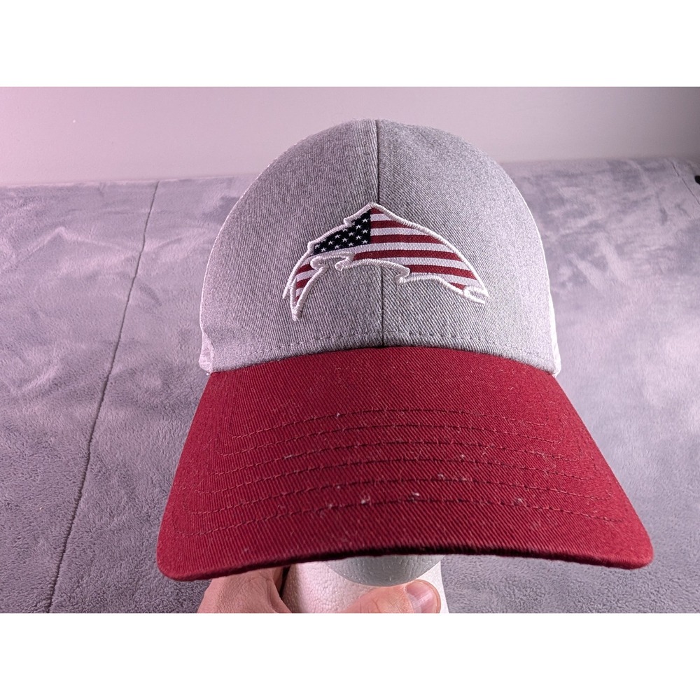 Simms Fishing Products Trucker Hat Grey Red American Flag Fish Logo Snapback Cap